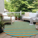 Homeroots 8' Round Aqua Round Striped Washable Non Skid Indoor Outdoor Area Rug Aqua Polyester 561028