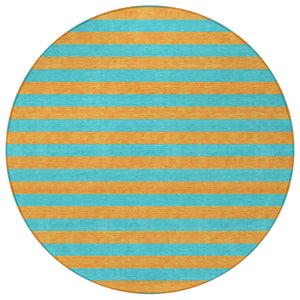 Homeroots 8' Round Aqua Round Striped Washable Non Skid Indoor Outdoor Area Rug Aqua Polyester 561028