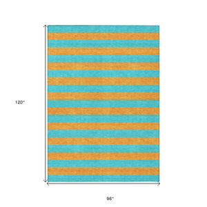 Homeroots 8' X 10' Aqua Striped Washable Non Skid Indoor Outdoor Area Rug Aqua Polyester 561029
