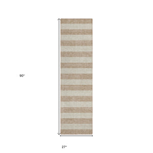 Homeroots 8' Runner Beige Striped Washable Non Skid Indoor Outdoor Runner Rug Beige Polyester 561033