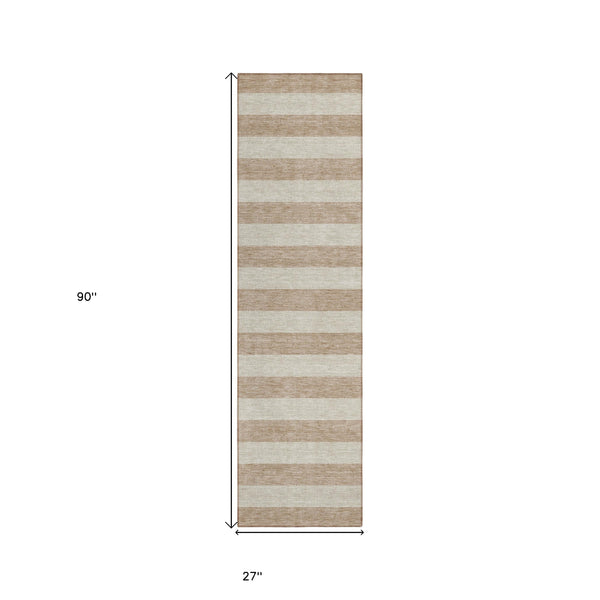 Homeroots 8' Runner Beige Striped Washable Non Skid Indoor Outdoor Runner Rug Beige Polyester 561033