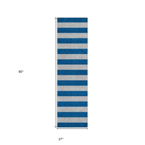 Homeroots 8' Runner Stylish Striped Washable Non-skid Indoor-outdoor Rug For Kid-friendly Spaces Blue Polyester 561042