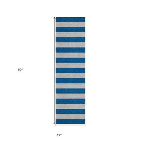 Homeroots 8' Runner Stylish Striped Washable Non-skid Indoor-outdoor Rug For Kid-friendly Spaces Blue Polyester 561042