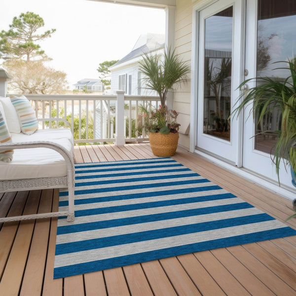 HomeRoots 5' X 8' Striped Washable Non-Skid Area Rug - Durable, Stain-Resistant, Perfect for Indoor & Outdoor Use Blue 561047
