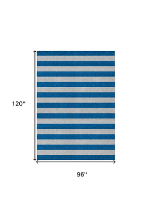 HomeRoots 5' X 8' Striped Washable Non-Skid Area Rug - Durable, Stain-Resistant, Perfect for Indoor & Outdoor Use Blue 561047