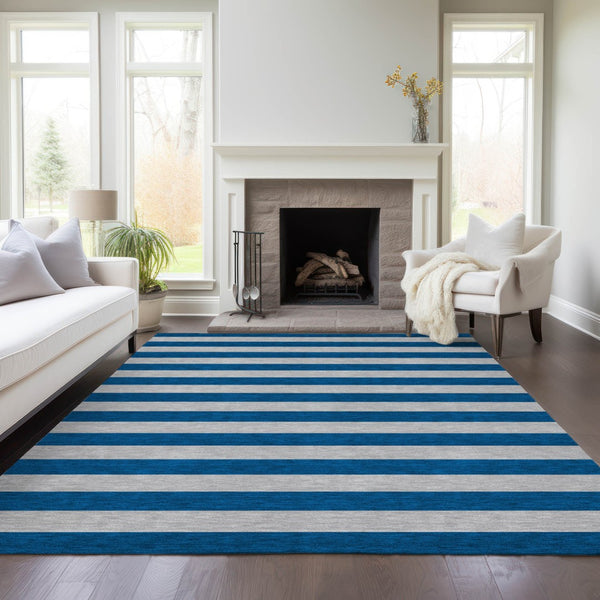 Homeroots 8' Runner Stylish Striped Washable Non-skid Indoor-outdoor Rug For Kid-friendly Spaces Blue Polyester 561048