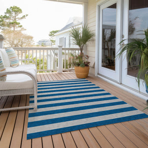 Homeroots 10' X 14' Blue And Ivory Striped Washable Indoor Outdoor Area Rug Blue Polyester 561049