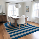 Homeroots 10' X 14' Blue And Ivory Striped Washable Indoor Outdoor Area Rug Blue Polyester 561049