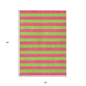 Homeroots 5' X 8' Green And Red Striped Washable Non Skid Indoor Outdoor Area Rug Blush Polyester 561054