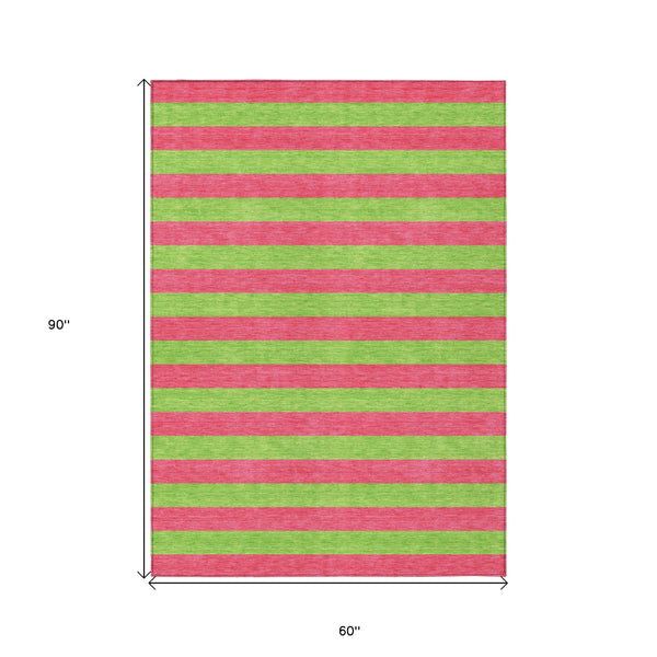 Homeroots 5' X 8' Green And Red Striped Washable Non Skid Indoor Outdoor Area Rug Blush Polyester 561054
