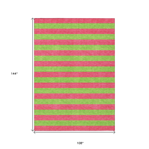 Homeroots 9' X 12' Green And Red Striped Washable Non Skid Indoor Outdoor Area Rug Blush Polyester 561057