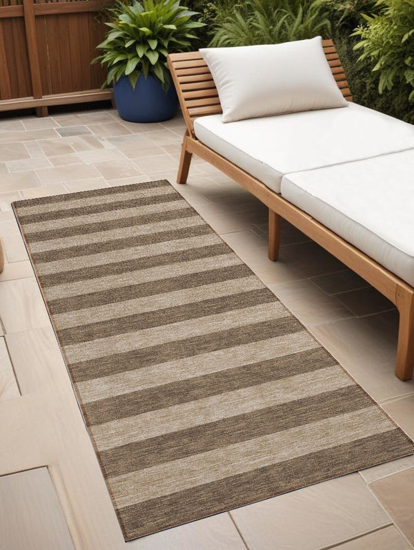 Homeroots 8' Runner Stylish Striped Washable Non-skid Indoor-outdoor Rug For Kid-friendly Spaces Coffee Polyester 561060