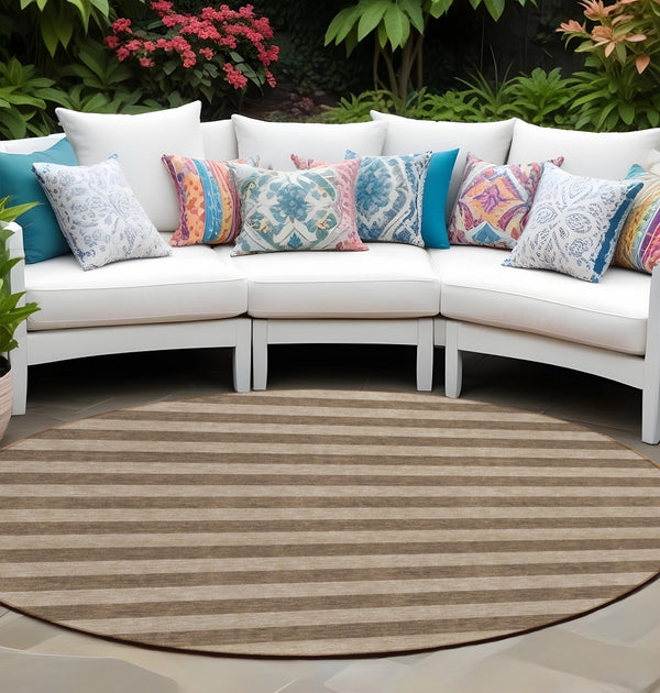 Homeroots 8' Round Coffee Round Striped Washable Non Skid Indoor Outdoor Area Rug Coffee Polyester 561064