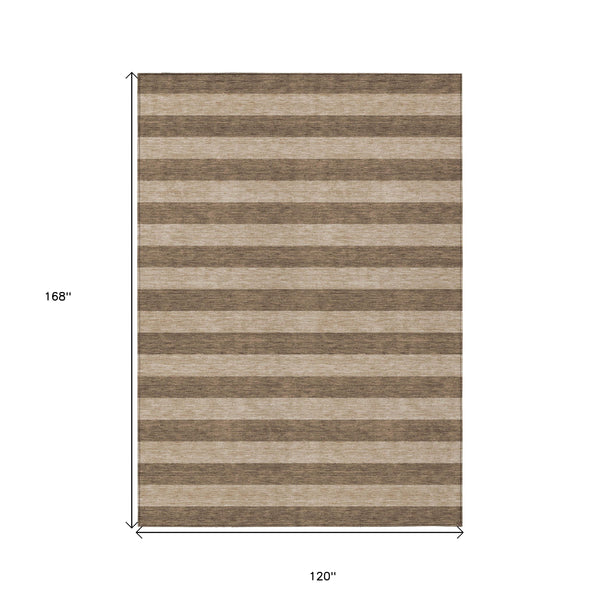 Homeroots 10' X 14' Coffee Striped Washable Non Skid Indoor Outdoor Area Rug Coffee Polyester 561067