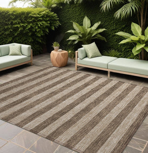 Homeroots 10' X 14' Coffee Striped Washable Non Skid Indoor Outdoor Area Rug Coffee Polyester 561067