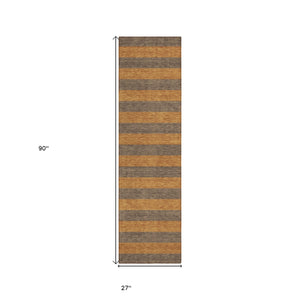 Homeroots 8' Runner Brown And Tan Striped Washable Non Skid Indoor Outdoor Runner Rug Fudge Polyester 561069
