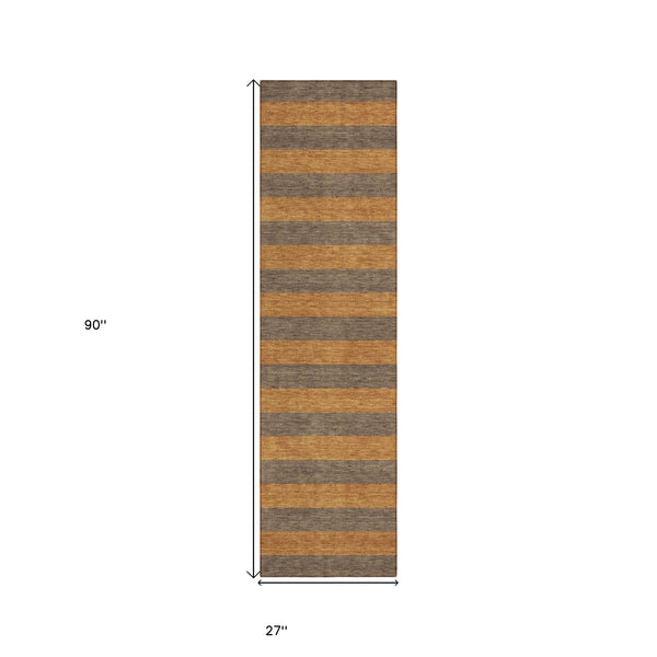 Homeroots 8' Runner Brown And Tan Striped Washable Non Skid Indoor Outdoor Runner Rug Fudge Polyester 561069