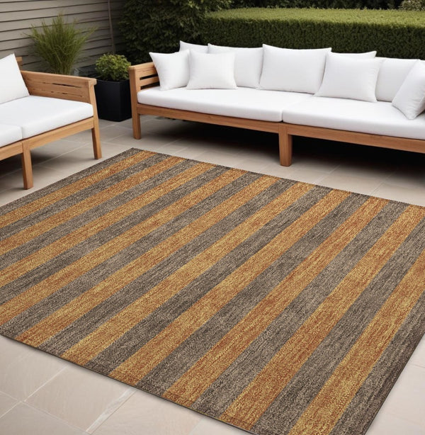 HomeRoots 5' X 8' Striped Washable Non-Skid Area Rug - Durable, Stain-Resistant, Perfect for Indoor & Outdoor Use Fudge 561075