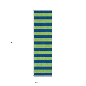 Homeroots 8' Runner Stylish Striped Washable Non-skid Indoor-outdoor Rug For Kid-friendly Spaces Navy Polyester 561087