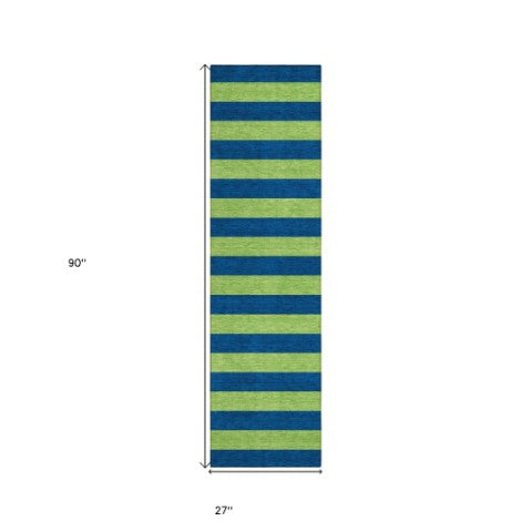 Homeroots 8' Runner Stylish Striped Washable Non-skid Indoor-outdoor Rug For Kid-friendly Spaces Navy Polyester 561087