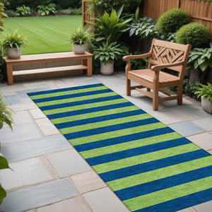 Homeroots 8' Runner Stylish Striped Washable Non-skid Indoor-outdoor Rug For Kid-friendly Spaces Navy Polyester 561087