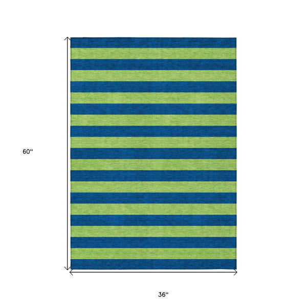 Homeroots 3' X 5' Navy Blue Striped Washable Non Skid Indoor Outdoor Area Rug Navy Polyester 561089