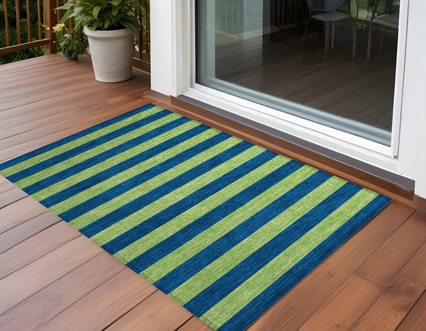 Homeroots 3' X 5' Navy Blue Striped Washable Non Skid Indoor Outdoor Area Rug Navy Polyester 561089