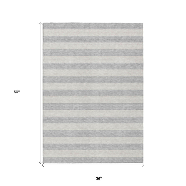 Homeroots 3' X 5' Gray And Ivory Striped Washable Non Skid Indoor Outdoor Area Rug Pewter Polyester 561098