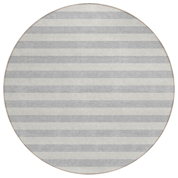 Homeroots 8' Round Gray And Ivory Round Striped Washable Non Skid Indoor Outdoor Area Rug Pewter Polyester 561100