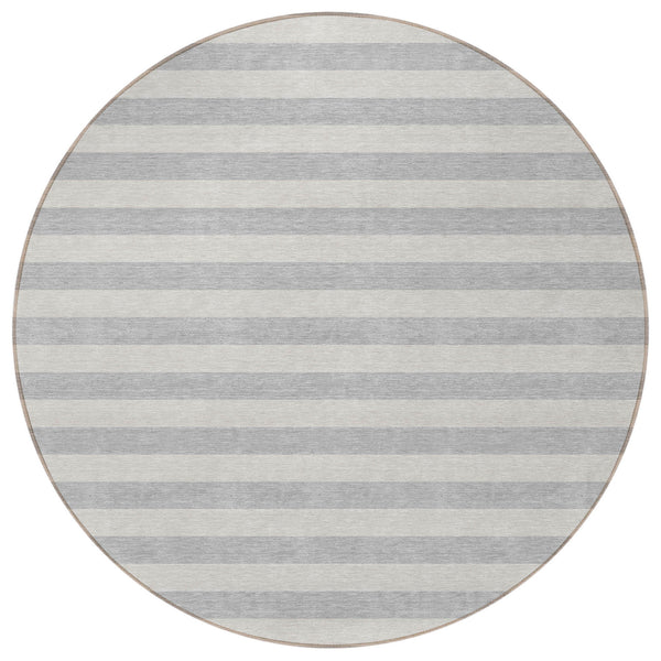 Homeroots 8' Round Gray And Ivory Round Striped Washable Non Skid Indoor Outdoor Area Rug Pewter Polyester 561100