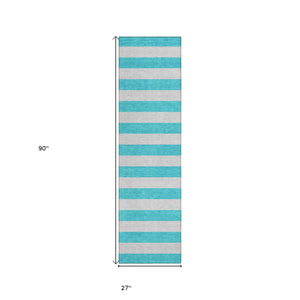 Homeroots 8' Runner Turquoise Striped Washable Non Skid Indoor Outdoor Runner Rug Turquoise Polyester 561123