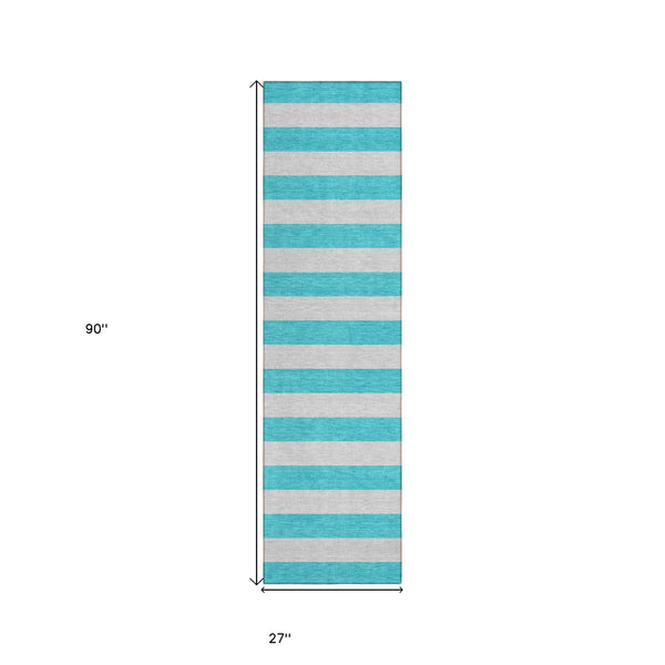 Homeroots 8' Runner Turquoise Striped Washable Non Skid Indoor Outdoor Runner Rug Turquoise Polyester 561123
