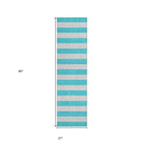 Homeroots 8' Runner Turquoise Striped Washable Non Skid Indoor Outdoor Runner Rug Turquoise Polyester 561123