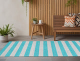 Homeroots 8' Runner Turquoise Striped Washable Non Skid Indoor Outdoor Runner Rug Turquoise Polyester 561123