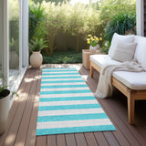 Homeroots 8' Runner Turquoise Striped Washable Non Skid Indoor Outdoor Runner Rug Turquoise Polyester 561123