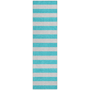 Homeroots 8' Runner Turquoise Striped Washable Non Skid Indoor Outdoor Runner Rug Turquoise Polyester 561123