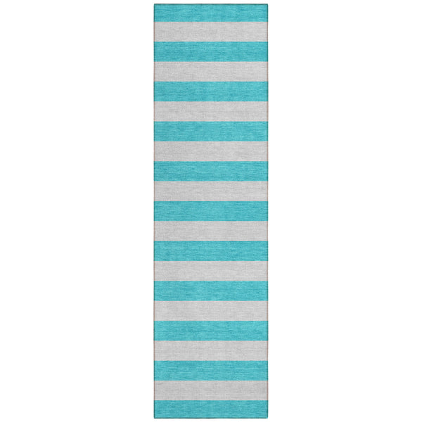 Homeroots 8' Runner Turquoise Striped Washable Non Skid Indoor Outdoor Runner Rug Turquoise Polyester 561123