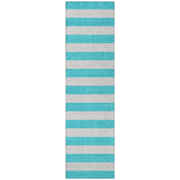 Homeroots 8' Runner Turquoise Striped Washable Non Skid Indoor Outdoor Runner Rug Turquoise Polyester 561123