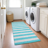 Homeroots 8' Runner Turquoise Striped Washable Non Skid Indoor Outdoor Runner Rug Turquoise Polyester 561123