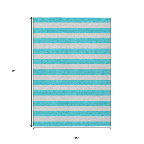 Homeroots 3' X 5' Turquoise Striped Washable Non Skid Indoor Outdoor Area Rug Turquoise Polyester 561125