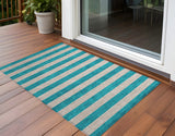 Homeroots 3' X 5' Turquoise Striped Washable Non Skid Indoor Outdoor Area Rug Turquoise Polyester 561125