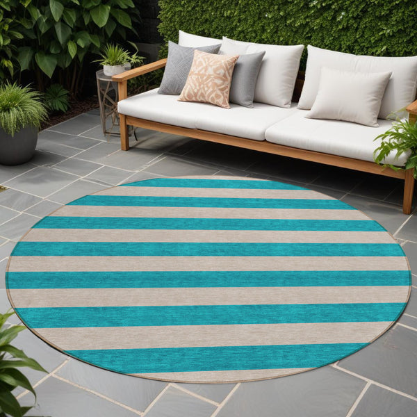 Homeroots 8' Runner Stylish Striped Washable Non-skid Indoor-outdoor Rug For Kid-friendly Spaces Turquoise Polyester 561127