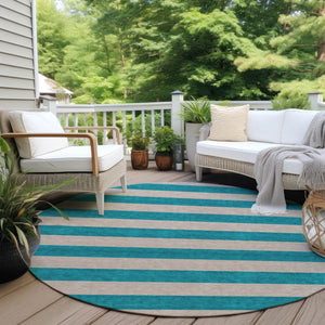 Homeroots 8' Runner Stylish Striped Washable Non-skid Indoor-outdoor Rug For Kid-friendly Spaces Turquoise Polyester 561127