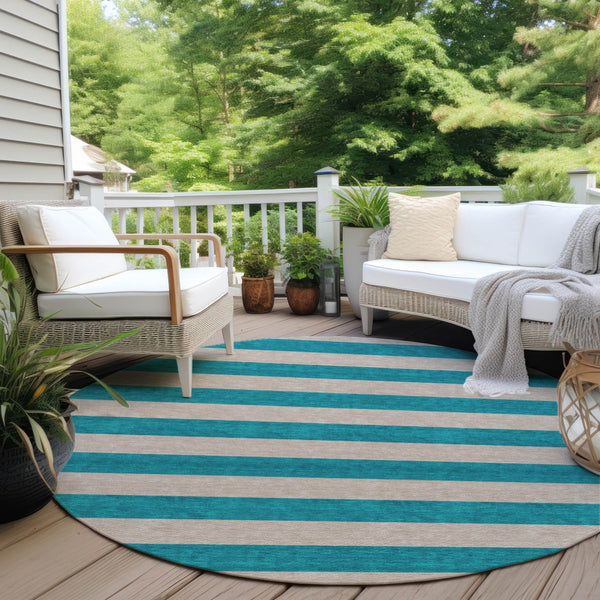 Homeroots 8' Runner Stylish Striped Washable Non-skid Indoor-outdoor Rug For Kid-friendly Spaces Turquoise Polyester 561127