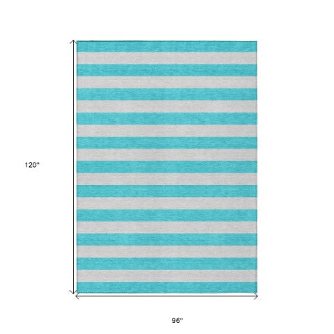 Homeroots 8' Runner Stylish Striped Washable Non-skid Indoor-outdoor Rug For Kid-friendly Spaces Turquoise Polyester 561128