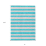 Homeroots 9' X 12' Turquoise Striped Washable Non Skid Indoor Outdoor Area Rug Turquoise Polyester 561129