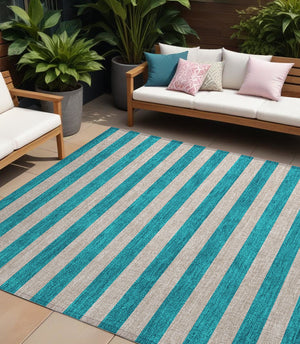 Homeroots 9' X 12' Turquoise Striped Washable Non Skid Indoor Outdoor Area Rug Turquoise Polyester 561129