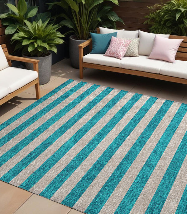 Homeroots 9' X 12' Turquoise Striped Washable Non Skid Indoor Outdoor Area Rug Turquoise Polyester 561129