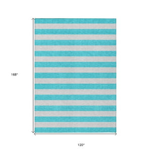 Homeroots 8' Runner Stylish Striped Washable Non-skid Indoor-outdoor Rug For Kid-friendly Spaces Turquoise Polyester 561130