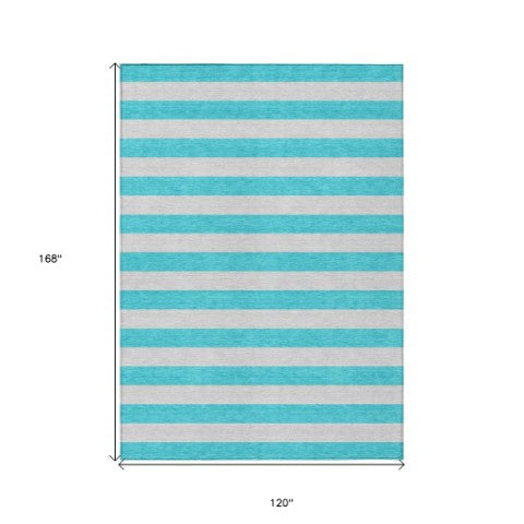 Homeroots 8' Runner Stylish Striped Washable Non-skid Indoor-outdoor Rug For Kid-friendly Spaces Turquoise Polyester 561130